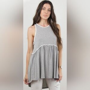 POL "Beckah" Gray Babydoll Tank White Crochet Lace Accents,S, NWT